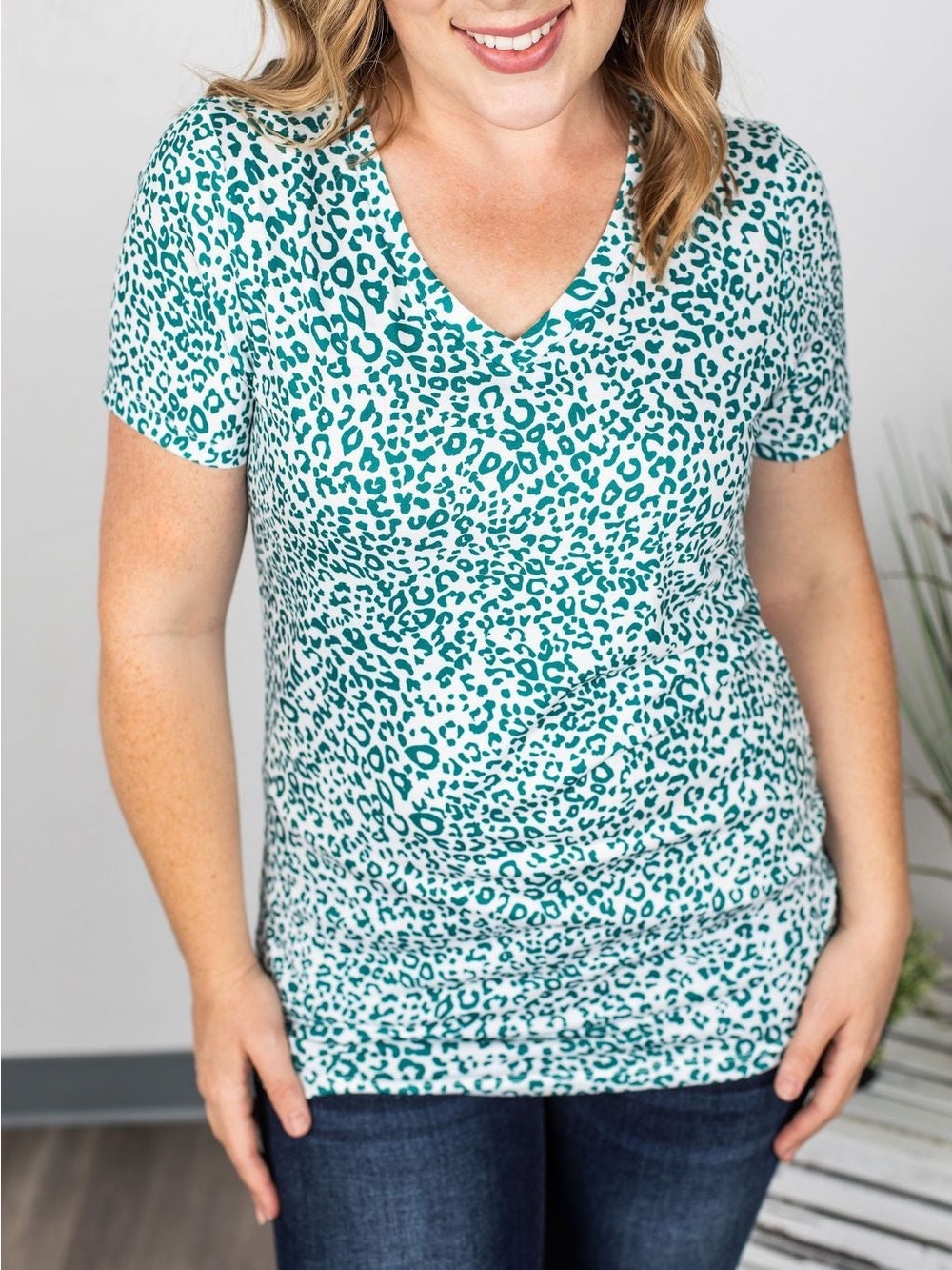 Teal Leopard Print V-Neck Women's Top